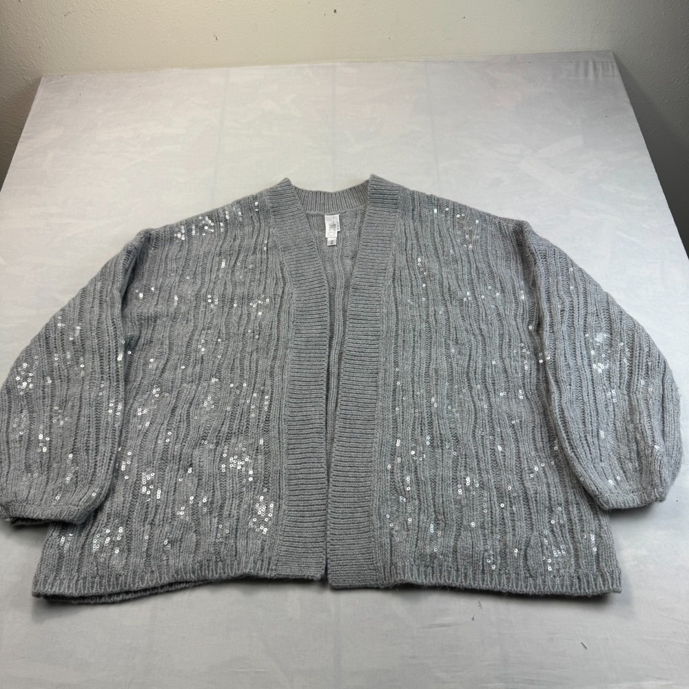 Wynne Collection Cardigan Sweater Womens 1X Gray Chunky Knit Sequin Open Front